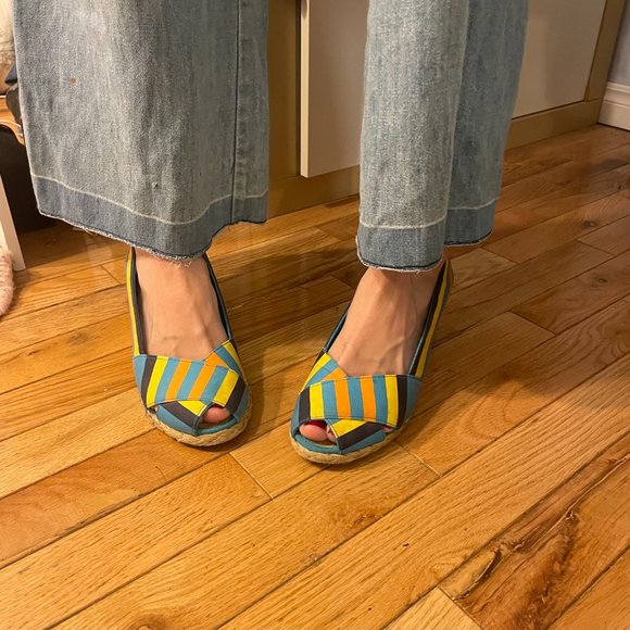 1970s style Y2K ralph lauren striped peep toe wedges! - Picture 13 of 14